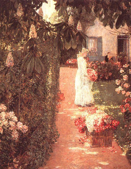 Gathering Flowers in a French Garden, Childe Hassam